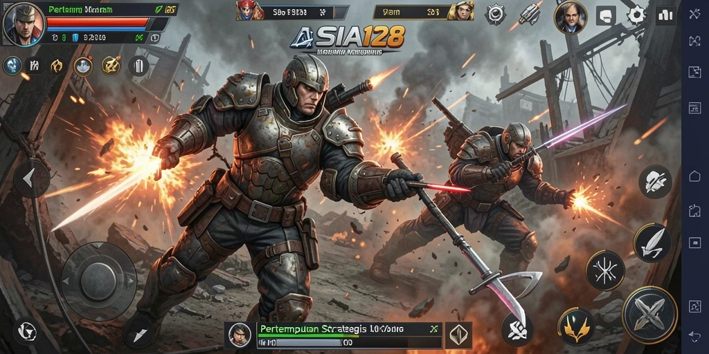 Screenshot gameplay ASIA128 yang menunjukkan pertempuran strategis yang intens.