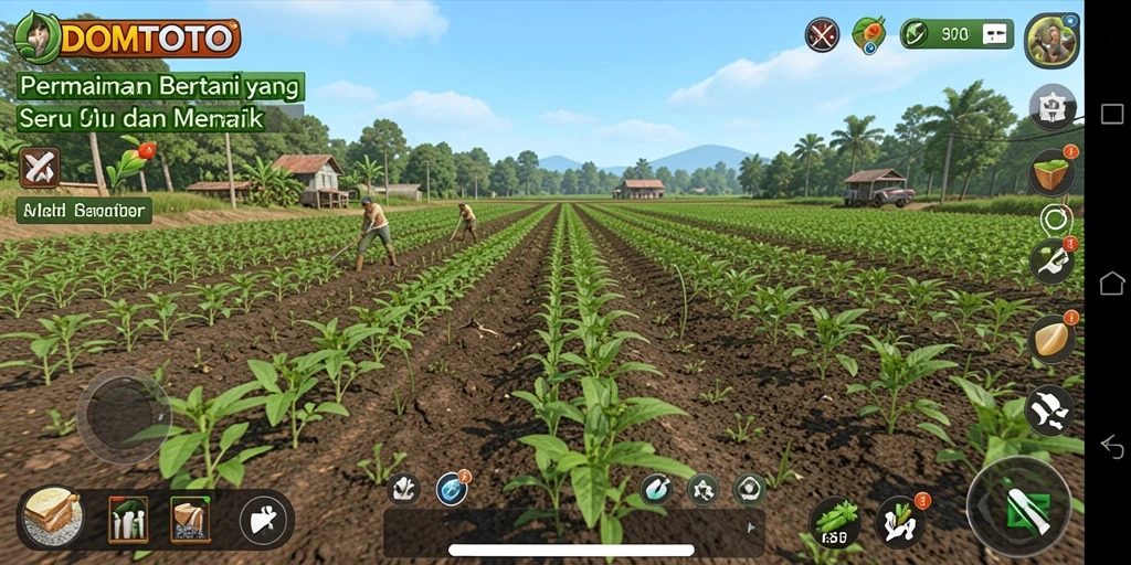 Screenshot utama DOMTOTO menampilkan gameplay seru bertani dengan tanaman hijau subur.