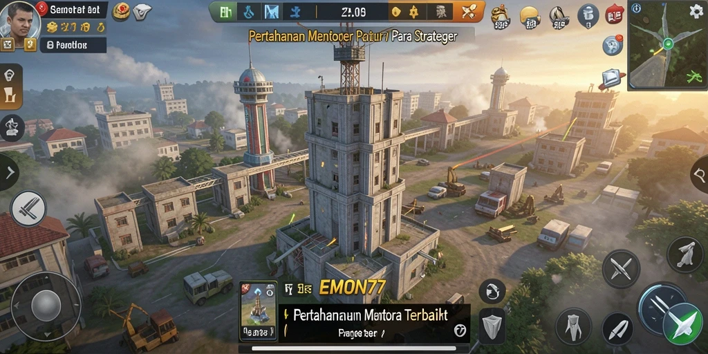 Tangkapan layar gameplay EMON77 menampilkan suasana pertempuran Tower Defense yang mendebarkan.