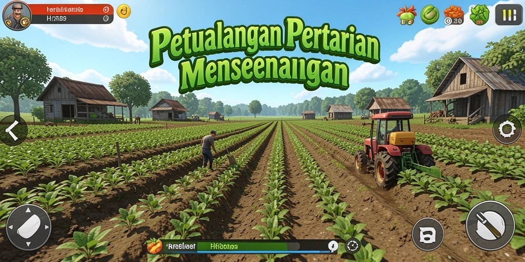 Screenshot gameplay HR89 menampilkan kebun yang subur dan hewan ternak.