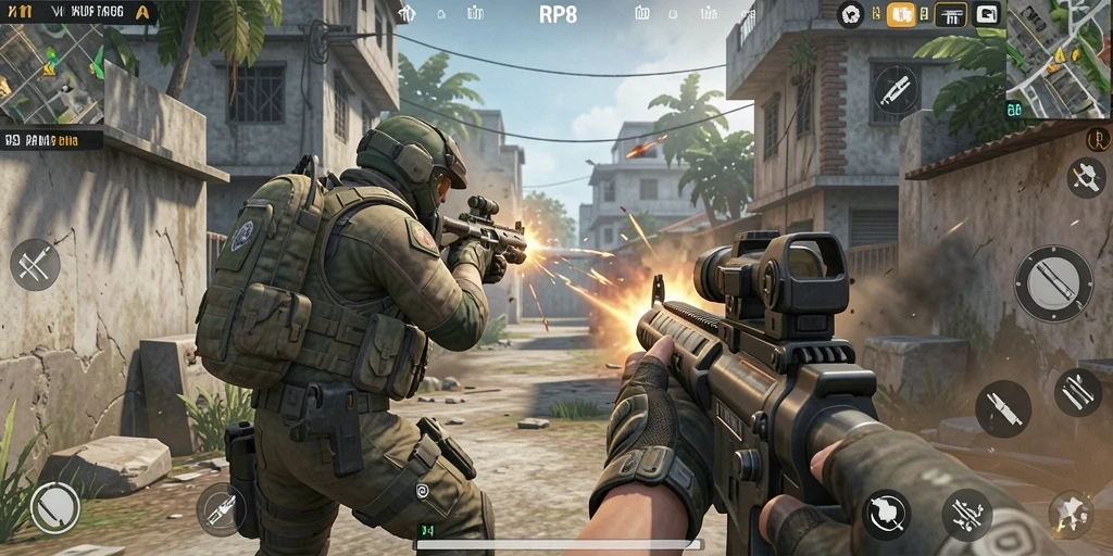 Screenshot gameplay RP8 yang menunjukkan pertarungan intens antara para pemain.